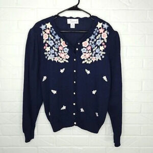 Vintage 80s Cottagecore sweater Navy Embroidered Flowers Faux pearl buttons L